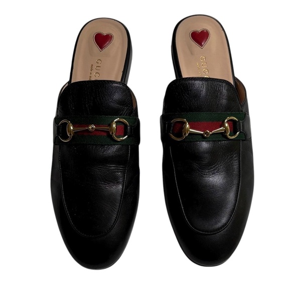 Gucci Shoes - Gucci Princetown Leather Mules Black | Gold Horsebit & Red Heart Size 38 | 8 US